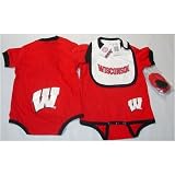 Wisconsin Badgers NCAA Infants / Babys / Kids Red and Black Creeper, White Bib, and Bootie Set
