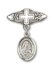 Sterling Silver Baby Badge with St. Therese of Lisieux Charm and Badge Pin with Cross