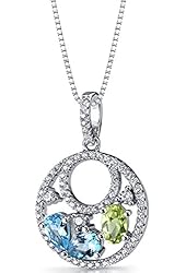 Swiss Blue Topaz and Peridot Double Hoop Pendant Necklace Sterling Silver 1.5 Carats
