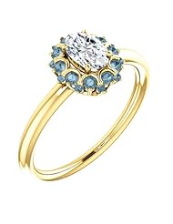 10K Yellow Gold Oval Cut White and Blue Diamond Flower Inspired Ring -- LIFETIME WARRANTY