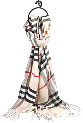 Fantie Women's Blends Series Silk and Cotton Cashmere Feel Tartan Scarf Cream 180*60cm