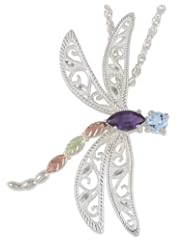 Black Hills Gold Blue Topaz and Amethyst Dragonfly Silver Necklace