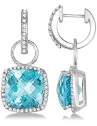 Square Cushion Swiss Blue Topaz and Diamond Halo Drop Huggie Style Earrings in 14K White Gold 9.04c