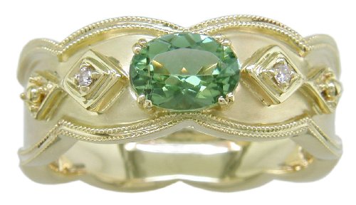 14KT Green Tourmaline & Diamond Etruscan Ring