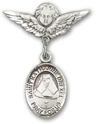 Sterling Silver Baby Badge with St. Katherine Drexel Charm and Angel with Wings Badge Pin