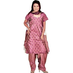 Purple Kora Silk Salwar Suit from Banaras with All-Over Weave - Cotton Silk