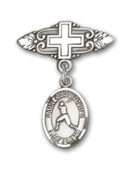 Sterling Silver Baby Badge with St. Christopher/Baseball Charm and Badge Pin with Cross