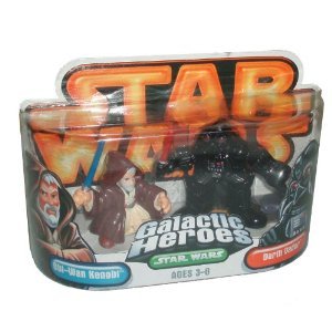 Star Wars Year 2005 Galactic Heroes Series 2-1/2 Inch Tall Mini Action Figure : OBI-WAN KENOBI with Jedi Cloak and Blue Lightsaber versus DARTH VADER with Red Lightsaber