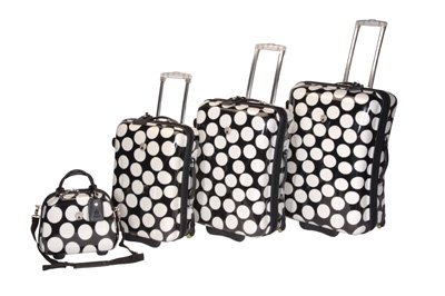 International Traveller 19969-4-BLK-VANITY DOTS Shiny Print Polycarb 4 piece Luggage Set – Black with White Dots