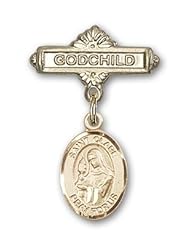 14K Gold Baby Badge with St. Clare of Assisi Charm and Godchild Badge Pin