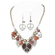 Peace Sign & Heart Charm Necklace Earrings Set Fashion Jewelry