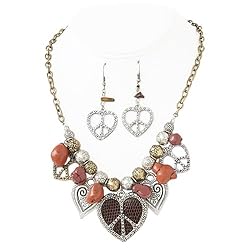 Peace Sign & Heart Charm Necklace Earrings Set Fashion Jewelry