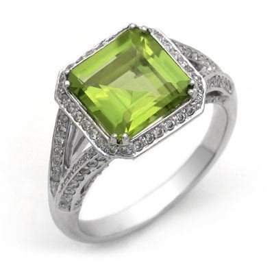 18k White Gold Asscher Cut Peridot and Diamond Ring