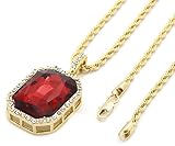 Mens 14k Gold Plated Iced Out Red Ruby Octagon Hip Hop Pendant with 3mm 24