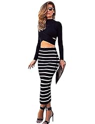 Sexy Ankle Length Polyester/Spandex Stretchy Cutout Striped Print Bodycon Dress 