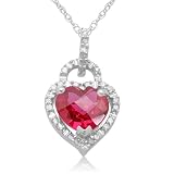 10k White Gold Heart-Shaped Created Ruby with Diamonds Heart Pendant, 18