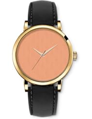 SPRAWL Aanalog Fashion Series Gold Ladies Watches of Genuine Black Leather Strap,Unique Wrist Watch for Women Girls Designed with Light orange background