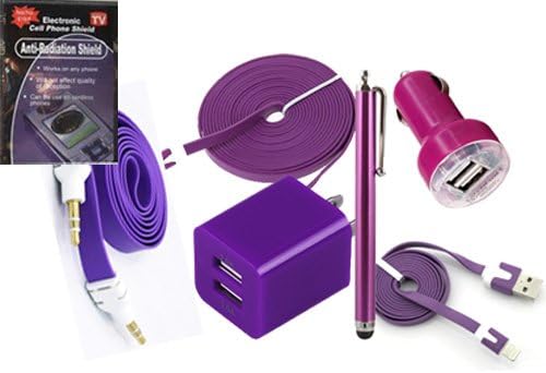Purple USB Cable 5 Piece Bundle Kit for Straight Talk LG Access LTE : Dual Outlet USB Car Charger, Dual Outlet USB Travel Charger, 3ft Cable, Extra Long 10ft Cable, AUX Cord, Stylus Pen and Radiation Shield.