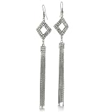 Way Cool 70s Inspired Diamond Shape Rhinestone Black Rhodium Fringe Fashion Earrings, 5 Inches Long