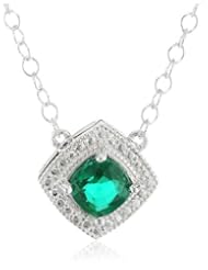 Sterling Silver Created Emerald Cushion Cut Pendant Necklace