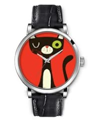 Analog Silver Ladies Girls Watches Black Leather Wristband - Cute Kitty