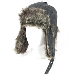 Wool Pinstripe Faux Fur Pilot Trapper Trooper Ski Hat Gray Large Extra Large