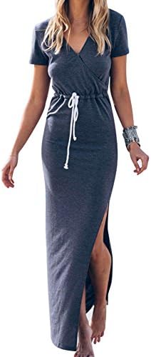 Oyanus Womens Casual V Neck Side Split Drawstring Beach Long Bodycon Dress