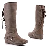 Damen Schuhe, STIEFEL, SNÜR BOOTS MIT KEIL WEDGE, KA-120, Synthetik in hochwertiger Leder Optik, Hellbraun, Gr 40