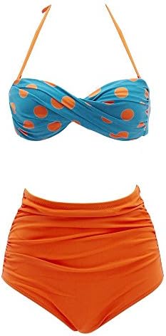 Telaura 2016 Newest Fabulous Design Polka Dot Stripe Geometric Hot Sale Bikini Top with High Waist Bottom Beachwear Girl's Swimsuit Two-piece Sexy Swimwear for Women (L, Blue Twist Polka Top+Orange Bottom)