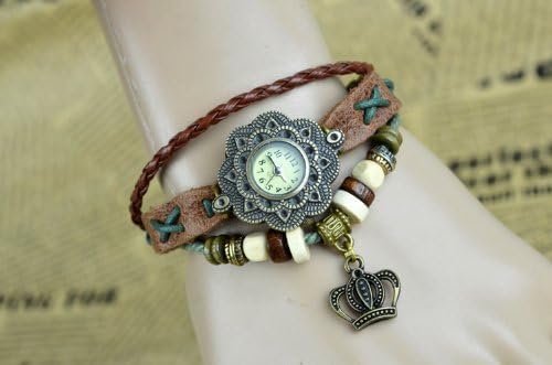 Coffee Color Retro Women Ladies Carving Case Crown Pendant Weave Leather Belt Bracelet Watch