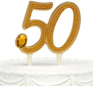 HBHTM 6"(H) "50th" Anniversary Gilded Cake Pick With Gleaming Amber Rhinestone Accents; Gold-Tone