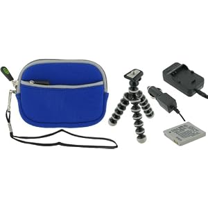 4n1 - Neoprene (Dark Blue) Sleeve Case / LI-40B LI-42B AC DC Charger / Battery / Tripod for Olympus Stylus 740 Digital Camera Silver