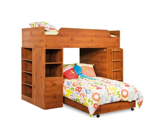 Twin Size Loft Bunk Bed with Writing Desk Contemporary Style in Sunny Pine Finish