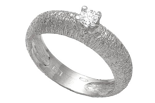 14K White Gold Hand-Crafted Matte-Finish Textured Band, Enhanced with a Solitaire Prong Set Diamond.
