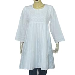 White Cotton Womens Long Sleeve Top Blouse Chikan Embroidery Size M (ctop560)