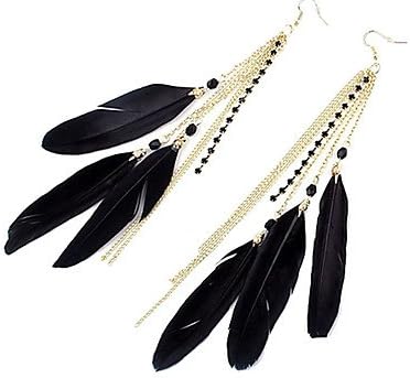 Lucky jewelry brand Sweet Style Feather Rhinestone Drop Earrings- Black