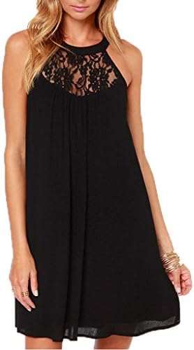 Aolakeke Women's Sleeveless halter Lace Patchwork Loose Casual Mini Chiffon Dress