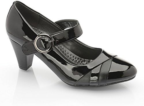 Perfect Me Womens Black Faux Leather Mary Jane Low Mid Heel Pumps