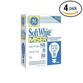 GE Soft White Light Bulbs, Miser, 70 Watts, Pack Of 4