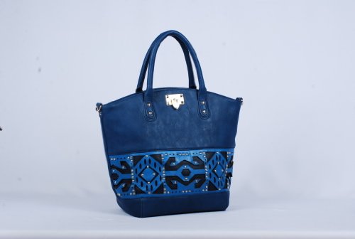 Via Faux Leather Tote Hobo Shoulderbag Handbag with Design, Blue, One Size