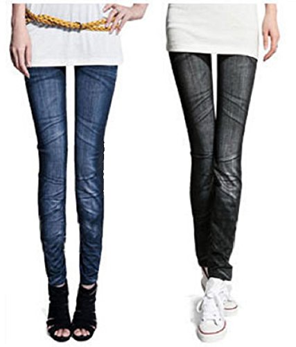 伸縮 ストレッチ 素材 デニム 風 レギンス 美脚 スキニー タイプ ブラック ブルー 2色 セット