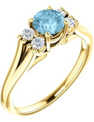 14K Yellow Gold 5.00mm Round Cut Aquamarine and Diamond Ring -- LIFETIME WARRANTY
