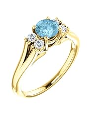 18K Yellow Gold 5.00mm Round Cut Aquamarine and Diamond Ring -- LIFETIME WARRANTY