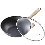 Wok Pfanne mit Ca. 24 cm Durchmesser und Glasdeckel, Antihaftbeschichtet, Induktionsboden, Holzgriff, NEU + OVP