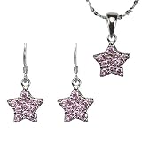 Pink Sapphire Cubic Zirconia Pave Star Platinum Overlay CAREFREE Sterling Silver Pendant Necklace and Drop Earrings Set