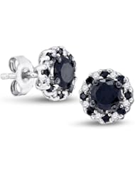 10K White Gold Round Brilliant Cut Black and White Diamond - Flower Shape Halo Prong Set Studs Earrings with Secure Push Back Closure - (1.00 cttw.)