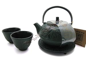 Green Bamboo Cast Iron Tetsubin Tea Pot Kettle Set 