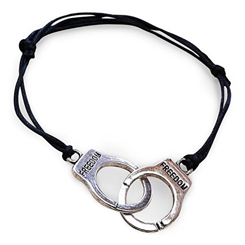 Movie Inspired 'Freedom' Silver Tone Handcuffs Bracelet. Black Cord. Adjustable.