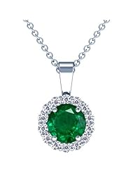 14K White Gold Round Cut Emerald And Round Diamond Pendant