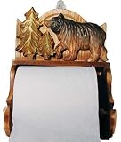 Wood Carved Black Bear Figure With Pine Tree Toilet Tissue Paper Holder Rack That Is Wall Mounted Hanging 10
